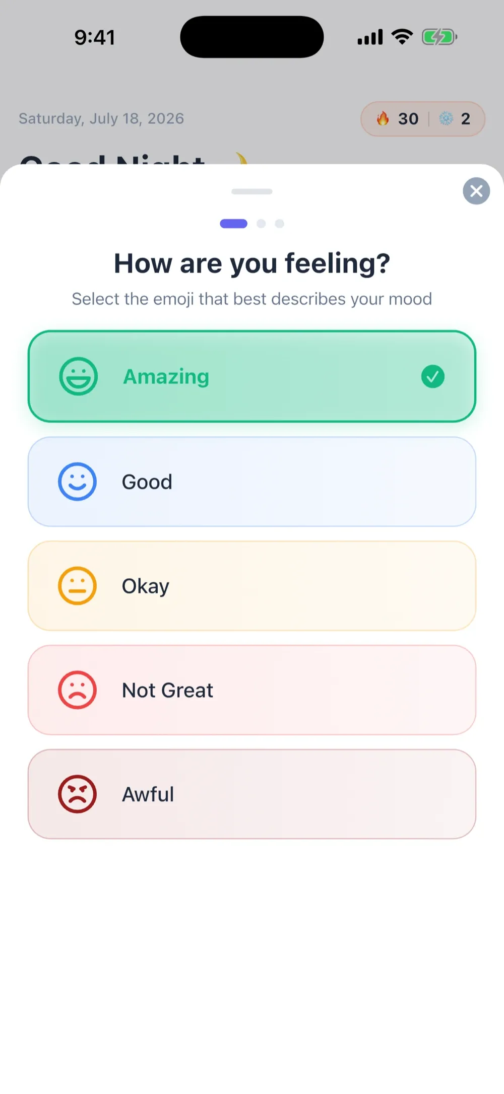 MoodKit's log screen with mood, activity tags, and an optional note
