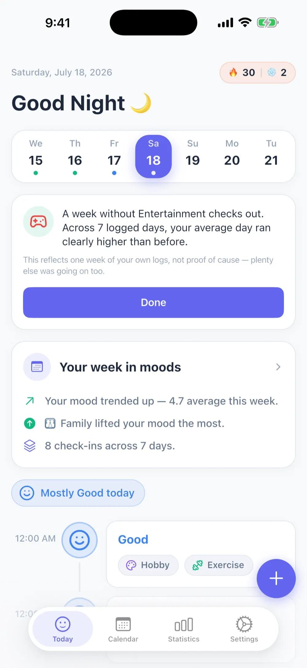 MoodKit's Today screen with a one-tap mood check-in